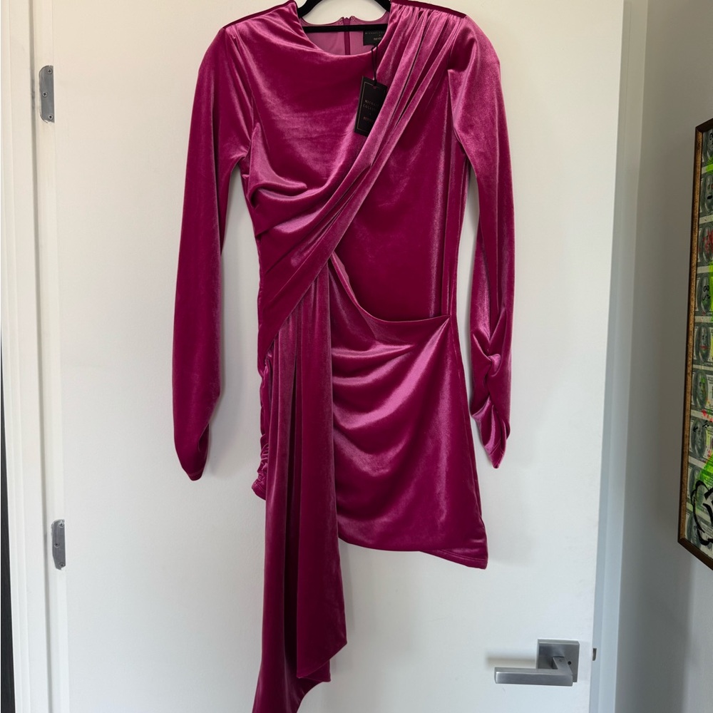 Michael Costello Fuchsia Velvet Long-Sleeve Asymmetric Mini Dress